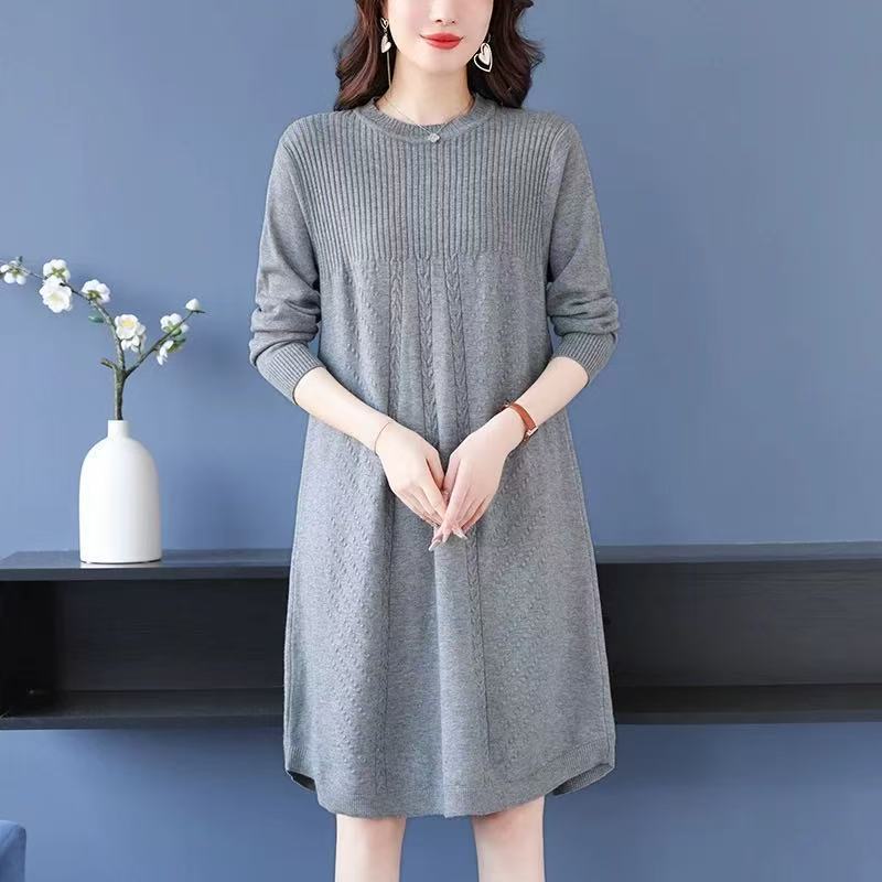 Korean-style Loose Mid-length Pullover for Women Spring Autumn and Winter Knitted Dress Solid Color Casual Sweater