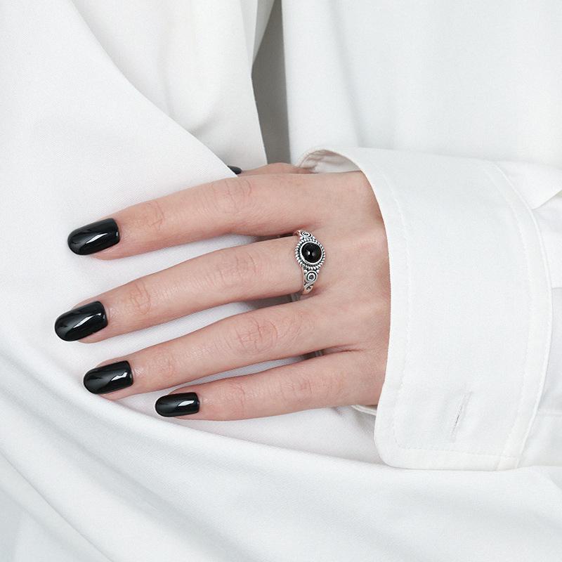 S925 Sterling Silver Black Agate Luxury Fashion Women's Ring - European & American Style Index Finger Accessory