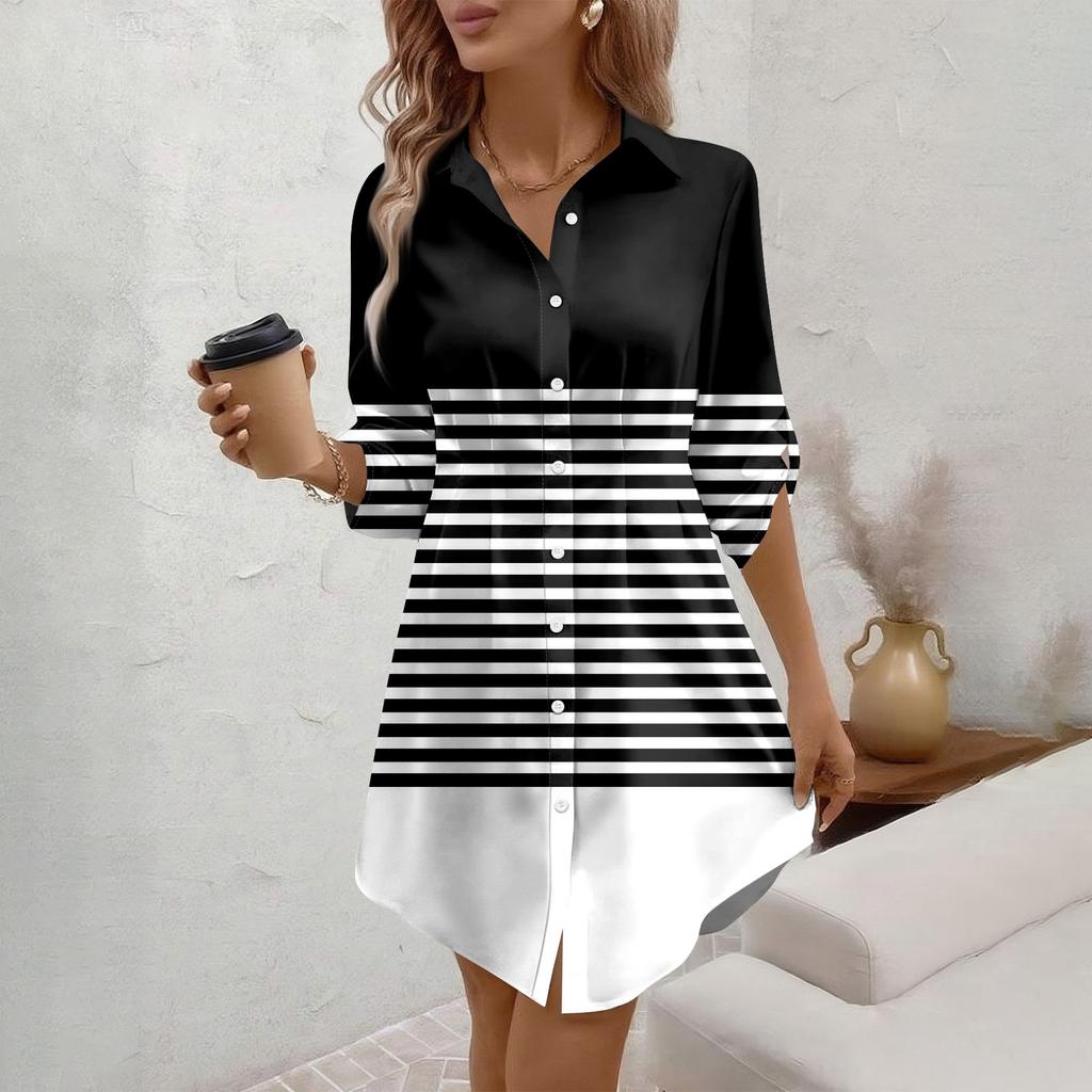 Damen Locker sitzendes V-Ausschnitt Langarmkleid Druck Arbeitshemdkleid