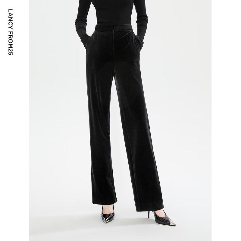 Langzi Black Velvet High-Waist Straight-Leg Pants