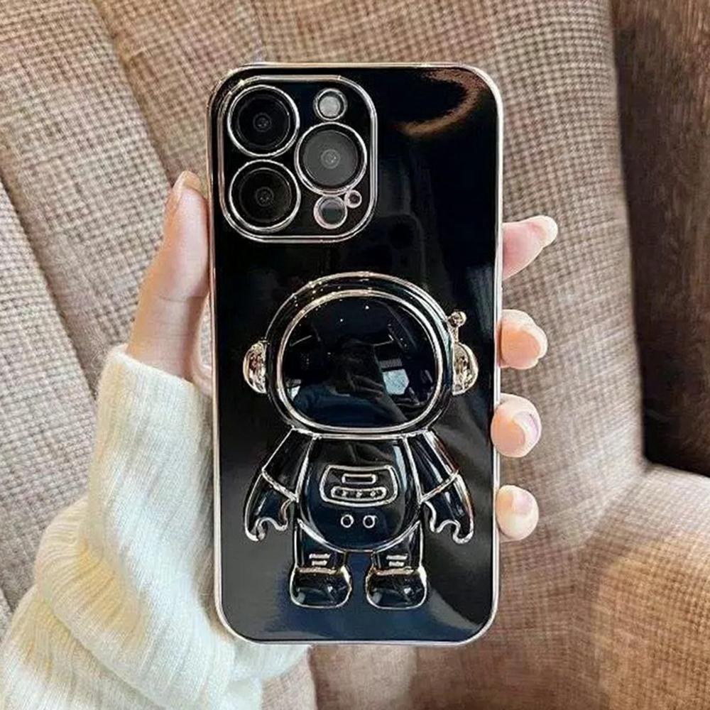 

For iPhone 12 Pro Case Electroplating Soft TPU Phone Cover Astronaut Hidden Kickstand Black