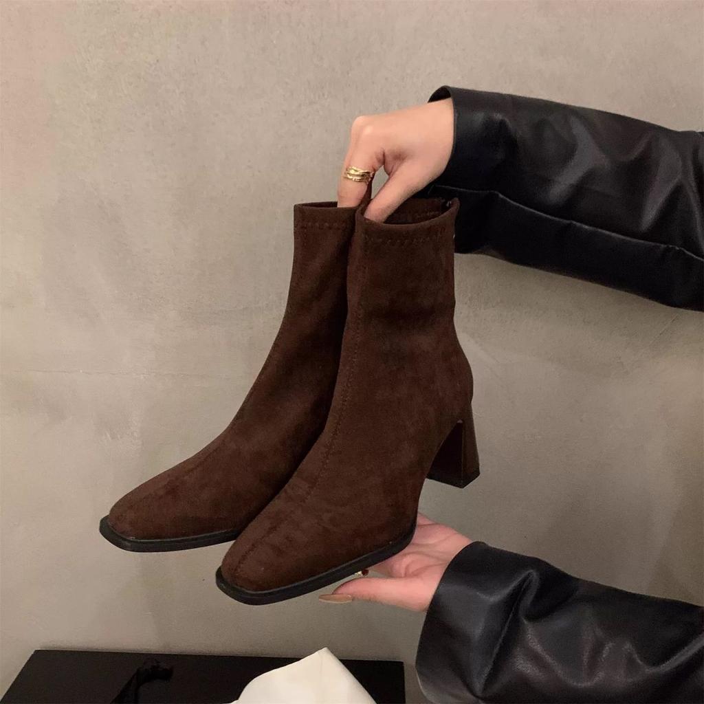 Thick-soled Martin Boots Women's 2025 Winter New Thick-heeled Square-headed Velvet Short Boots Korean High-heeled Thin Small Bare Boots