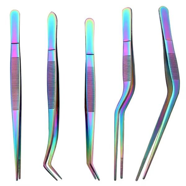5Pcs Kitchen Culinary Plating Tweezers with Serrated Tips, 6.3-Inch Stainless Steel Tongs Set for Cooking Baking Cake Decor