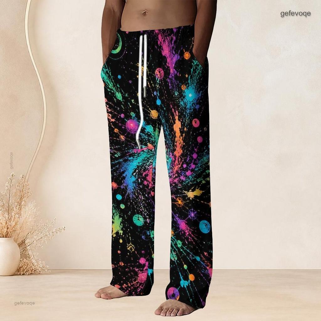 Men S Plus Size Pink Gold Printed Drawstring Waist Straight Leg Full Length Beach Pants With Pockets