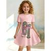 Little Girls Cute Cartoon Dinosaur Checker Number Bow Print Round Neck Short Sleeve A-Line Kids Summer Swing Dress