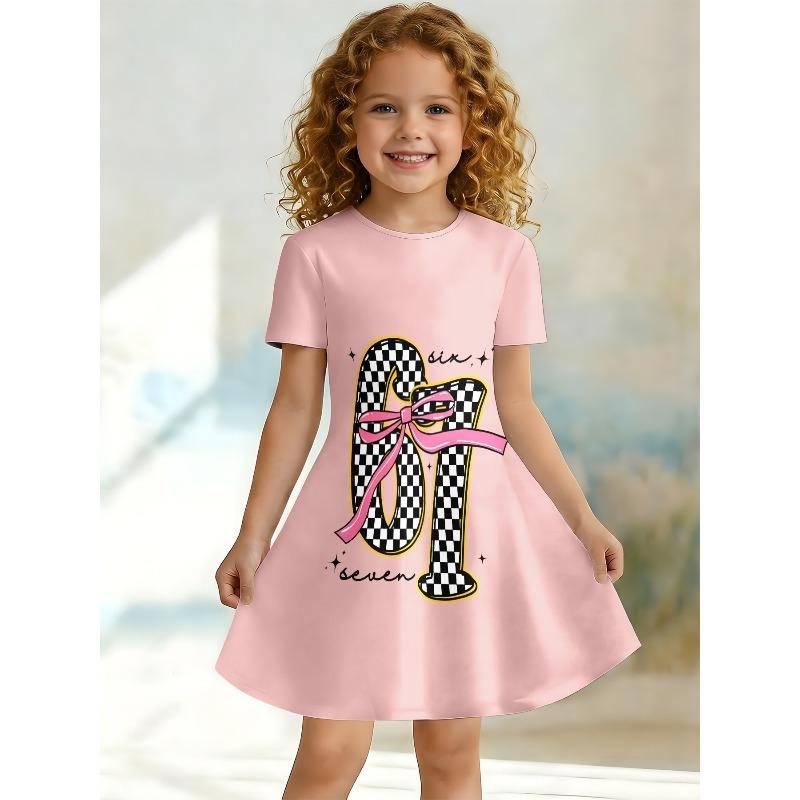 Little Girls Cute Cartoon Dinosaur Checker Number Bow Print Round Neck Short Sleeve A-Line Kids Summer Swing Dress