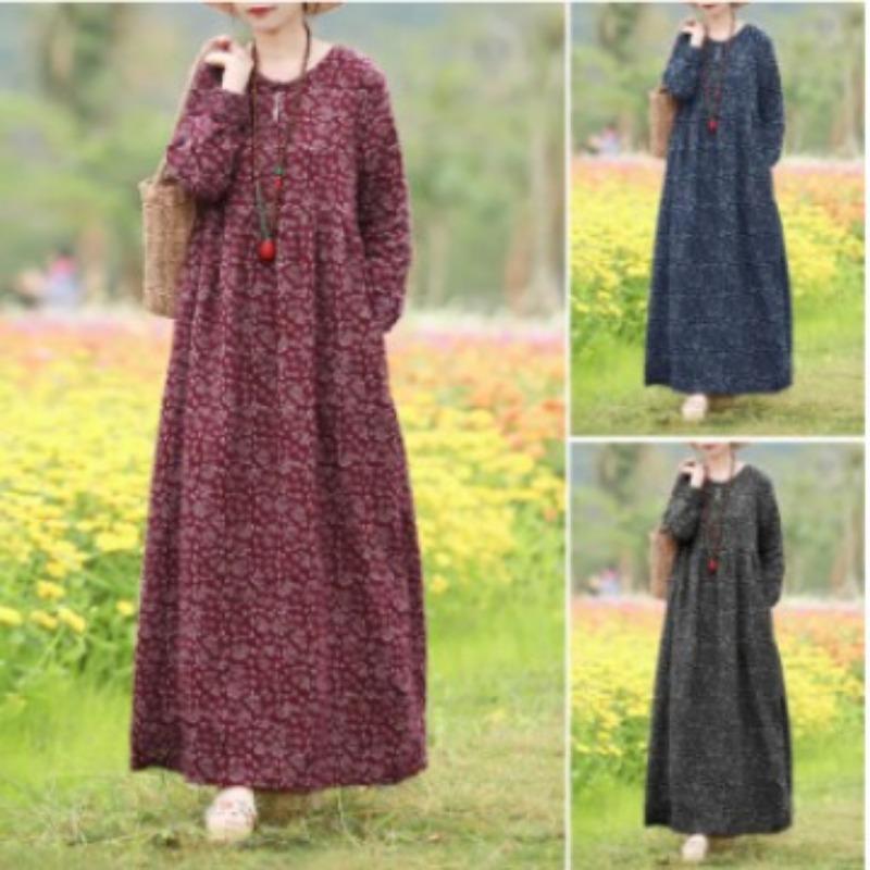 Spring Autumn Style Ethnic Style Long Style Loose Fit Slimming Cotton Linen Small Floral Dress