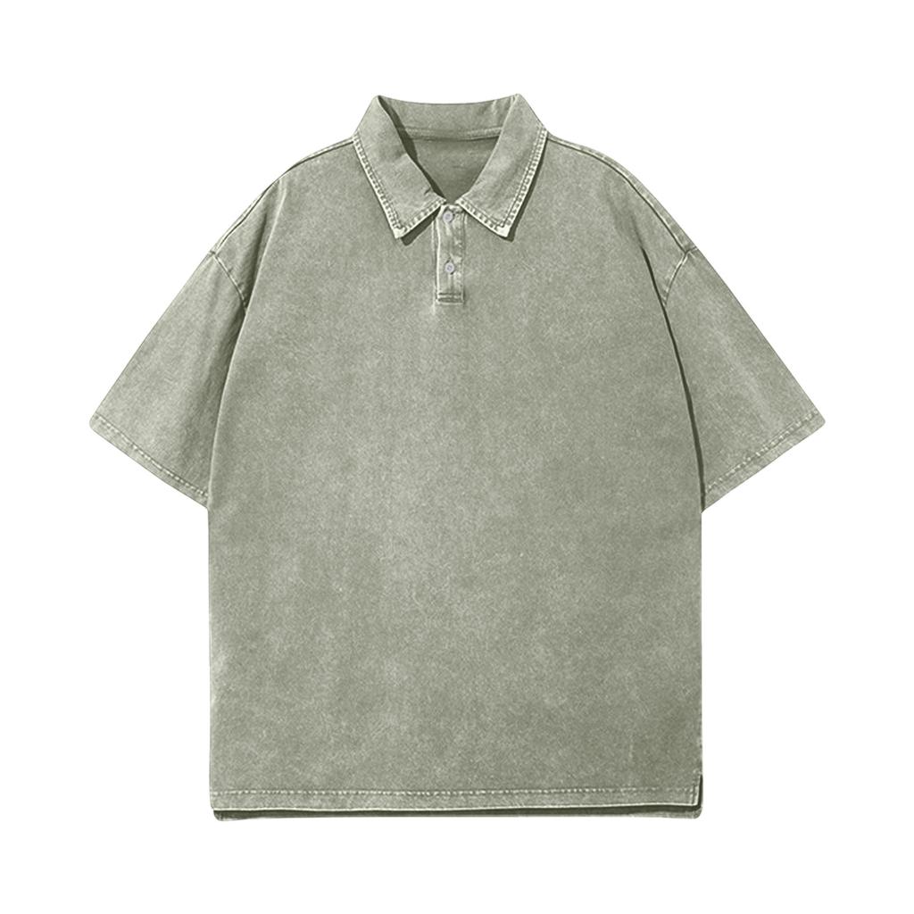 Men's Washed Vintage Polo Shirt Single Breasted Short Sleeve Casual Shirt with Turn Down Collar Loose Fit