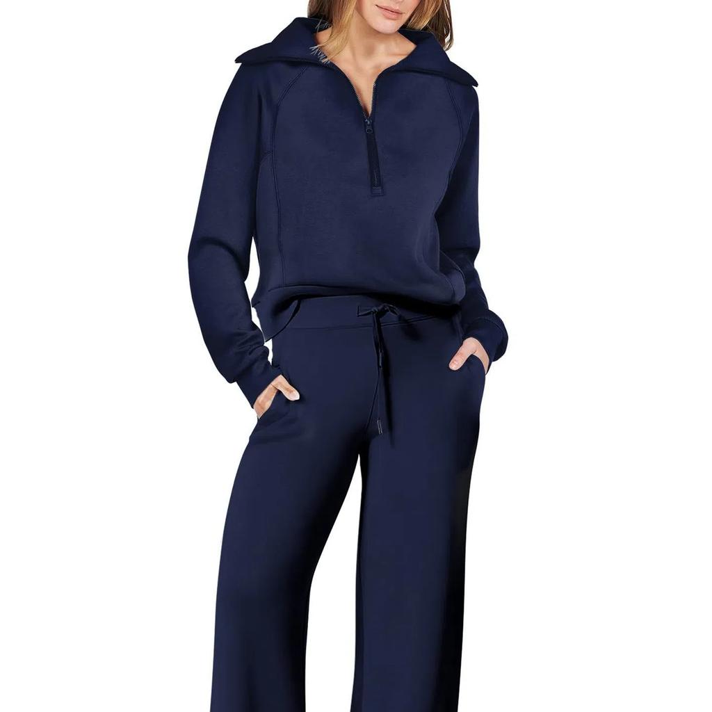 Women's 2 Piece Outfits Casual Lapel Half Zip Sweatshirts And Wide Leg Pants Tracksuit Sets