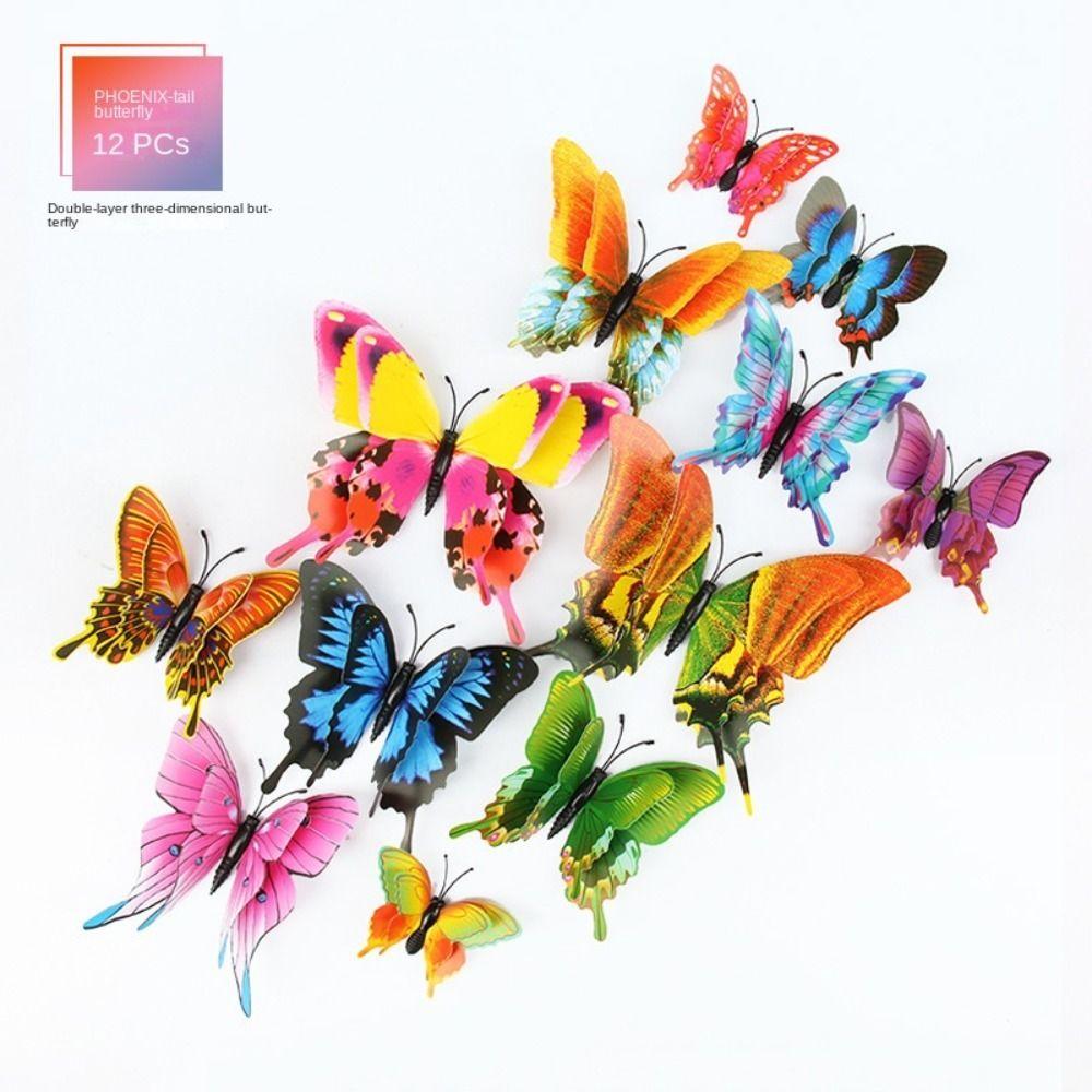 12Pcs DIY 3D Butterfly Wall Stickers Double-layer Simulated Art Magnet Stickers Fashion Color Magnet Fridge Decals Room