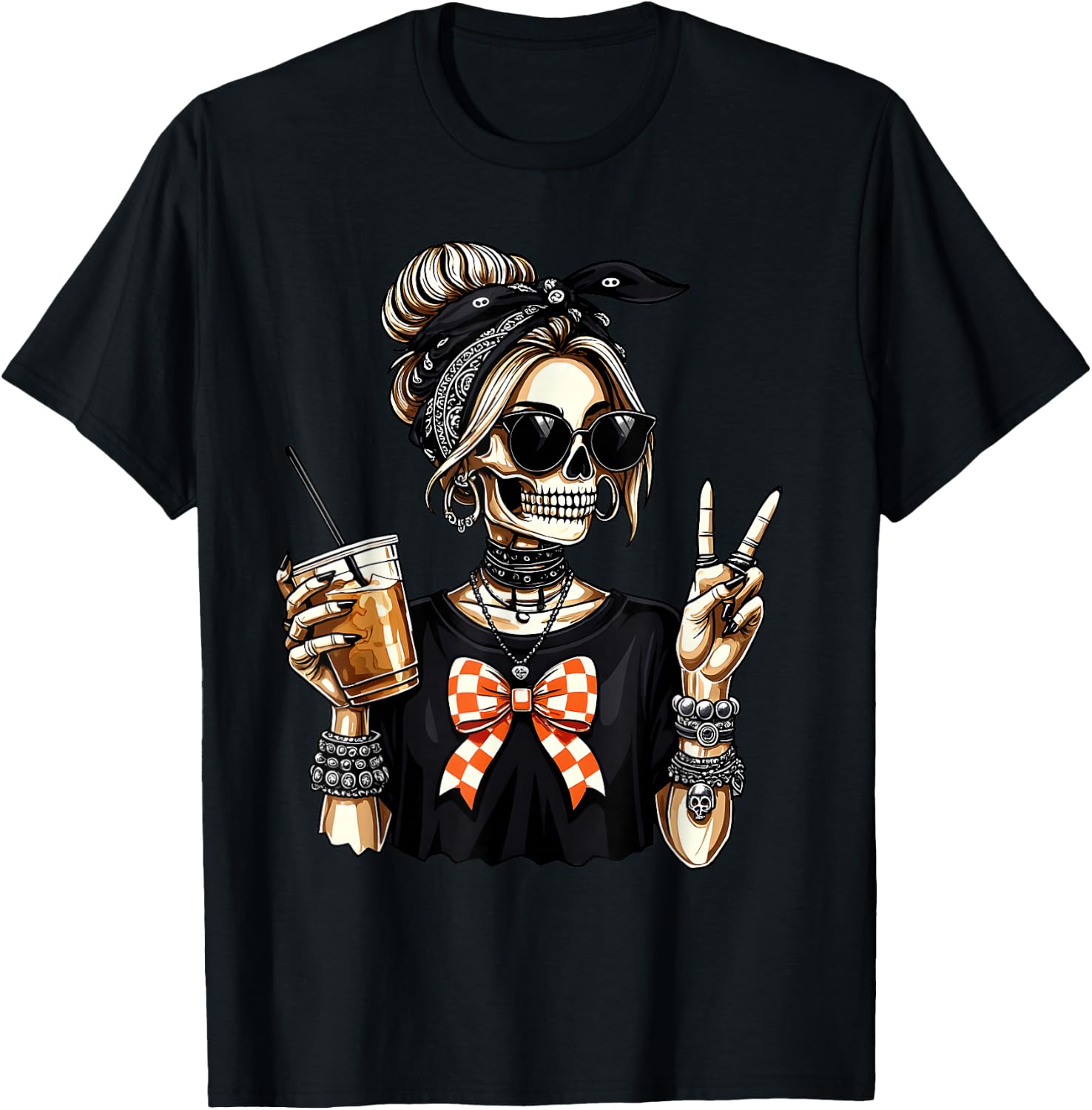 Skeleton Girl Drinking Coffee Peace Sign Graphic for Women T-Shirt XXXXL