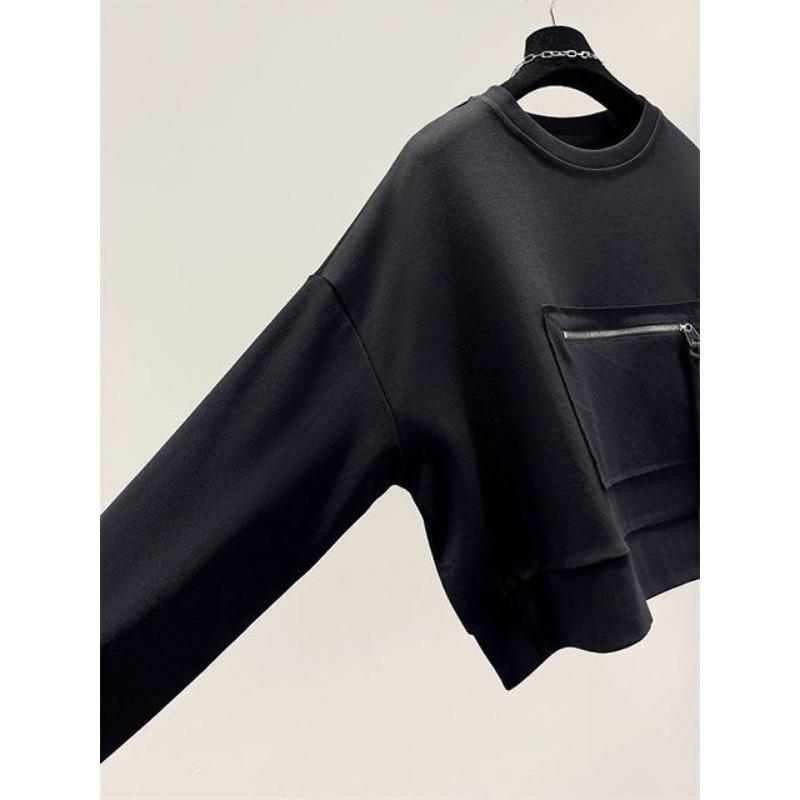 Autumn Round Neck Hoodies Women Loose Zipper Pocket Pullover Sweatshirts Long Sleeve Top