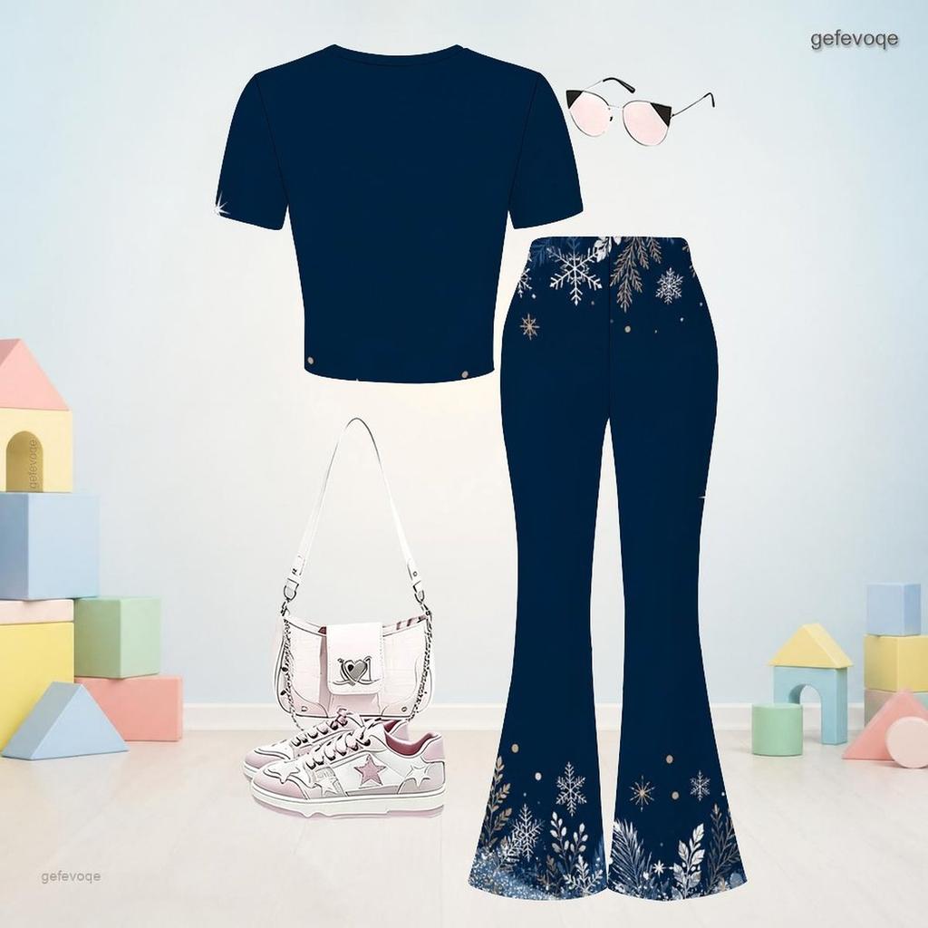 Girls Navy Blue Round Neck Short Sleeve Printed Top Flared Pants Two Piece Set