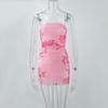25 Summer Sexy Tube Top Print Slim Fit Pleated Double Layer Dress Mesh Pink off-Neck Wrap-around Short Dress