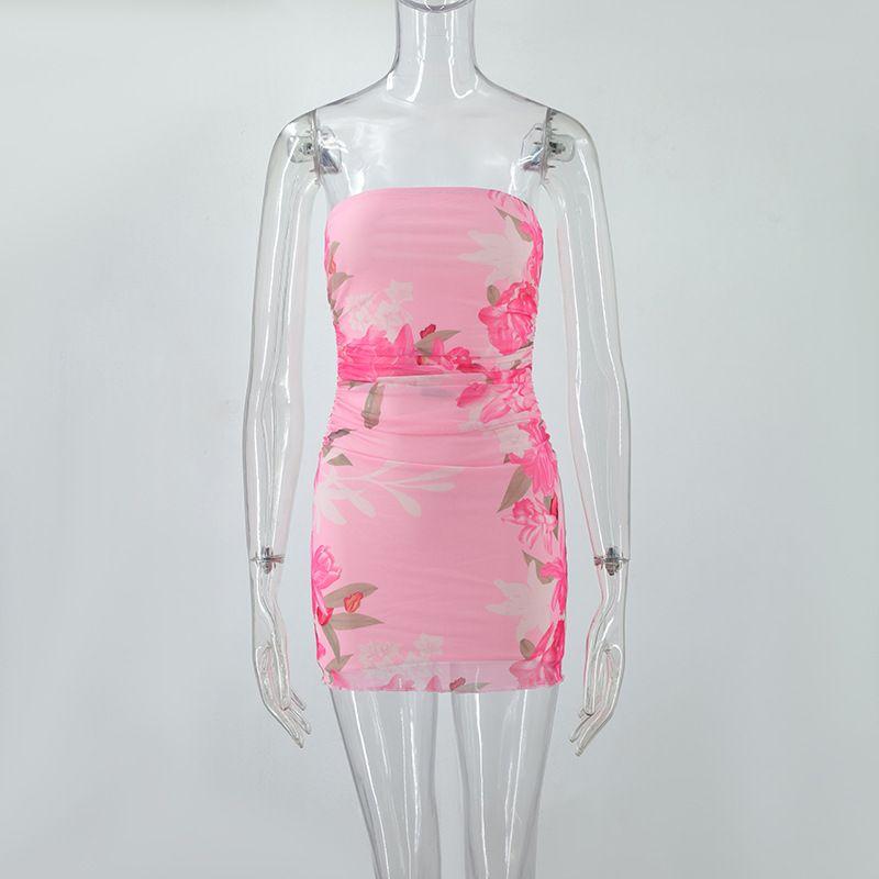 25 Summer Sexy Tube Top Print Slim Fit Pleated Double Layer Dress Mesh Pink off-Neck Wrap-around Short Dress