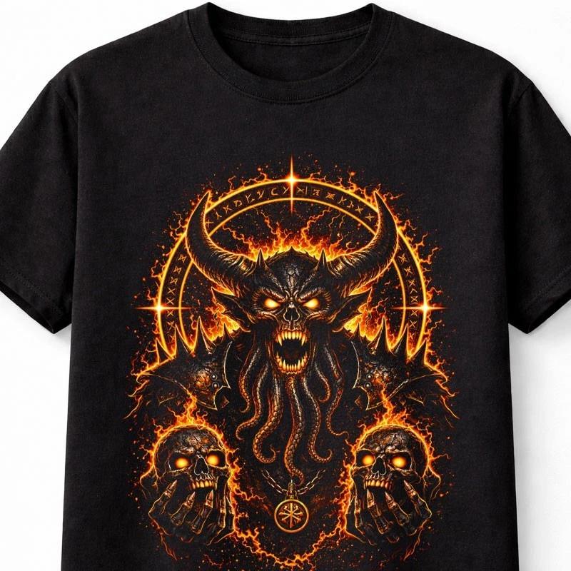 Demon Skull Occult Horror Gothic Fire Sigil Graphic Unisex TShirt S