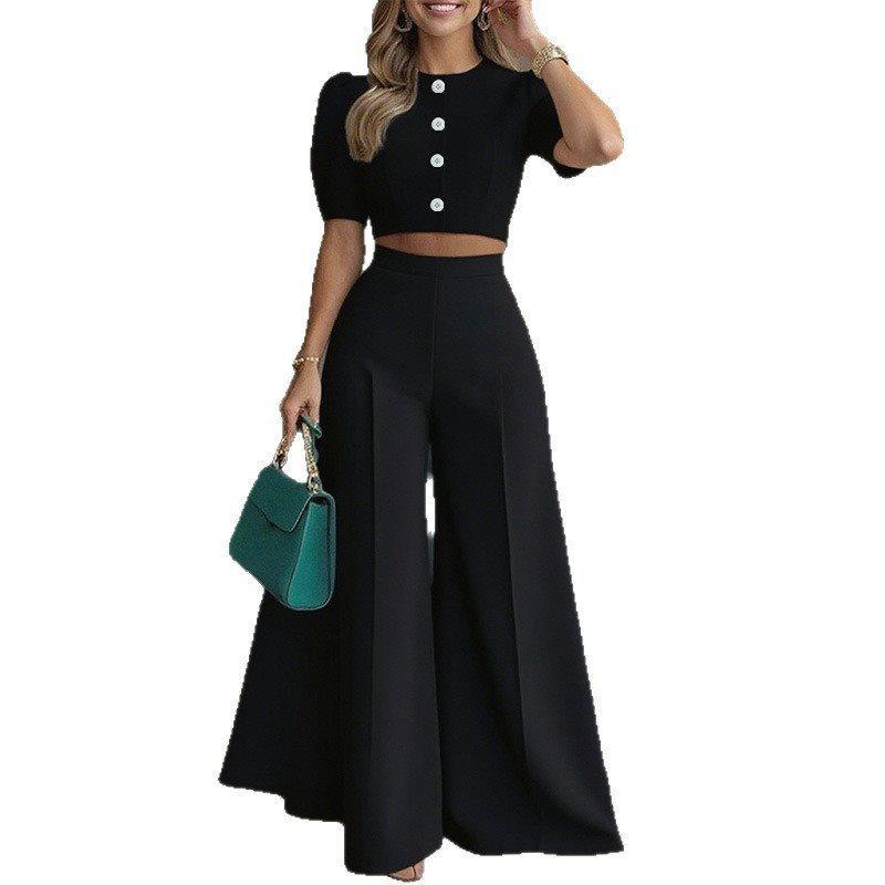 Women's Short Sleeve Top and High-Waist Wide Leg Pants Set
