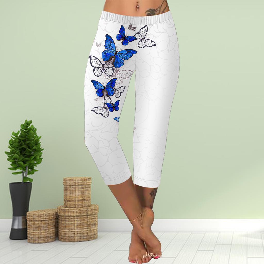Hosen Sommer Kurze Leggings Gekürzte Röhrenhose Übergröße Leggins Damen Schlanke Hose mit 3D-Schmetterlingsdruck in Schwarz