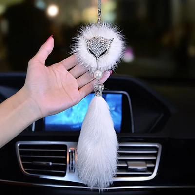 Colgante para Coche Piel de Zorro Conjunto de Cristal con Diamantes de Alta Gama para Espejo Interior de Dama Accesorios de Decoración para Coche Adornos Interiores