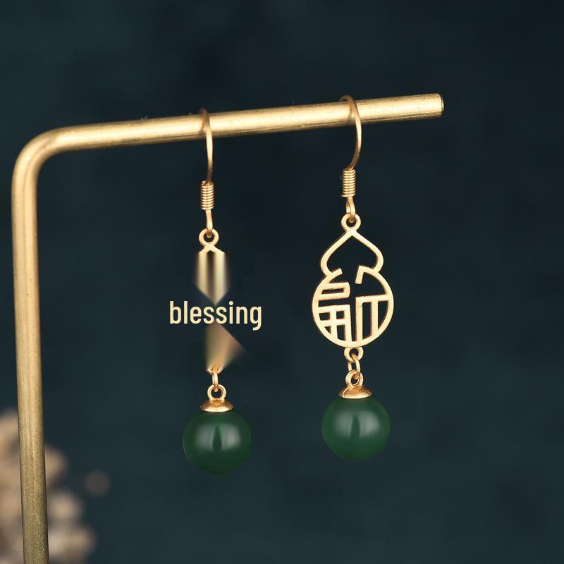 Creative National Tide Style Fu Lu Gold-Plated Stud Earrings with Chalcedony Jasper Gourd for Women