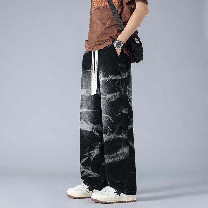 

Джинсы тай-дай Мужские Летние Прохладные Прямые Повседневные Брюки Мужские Подростковые Модные Красивые Брюки с Широкими Штанинами Мужские 8XL чёрный