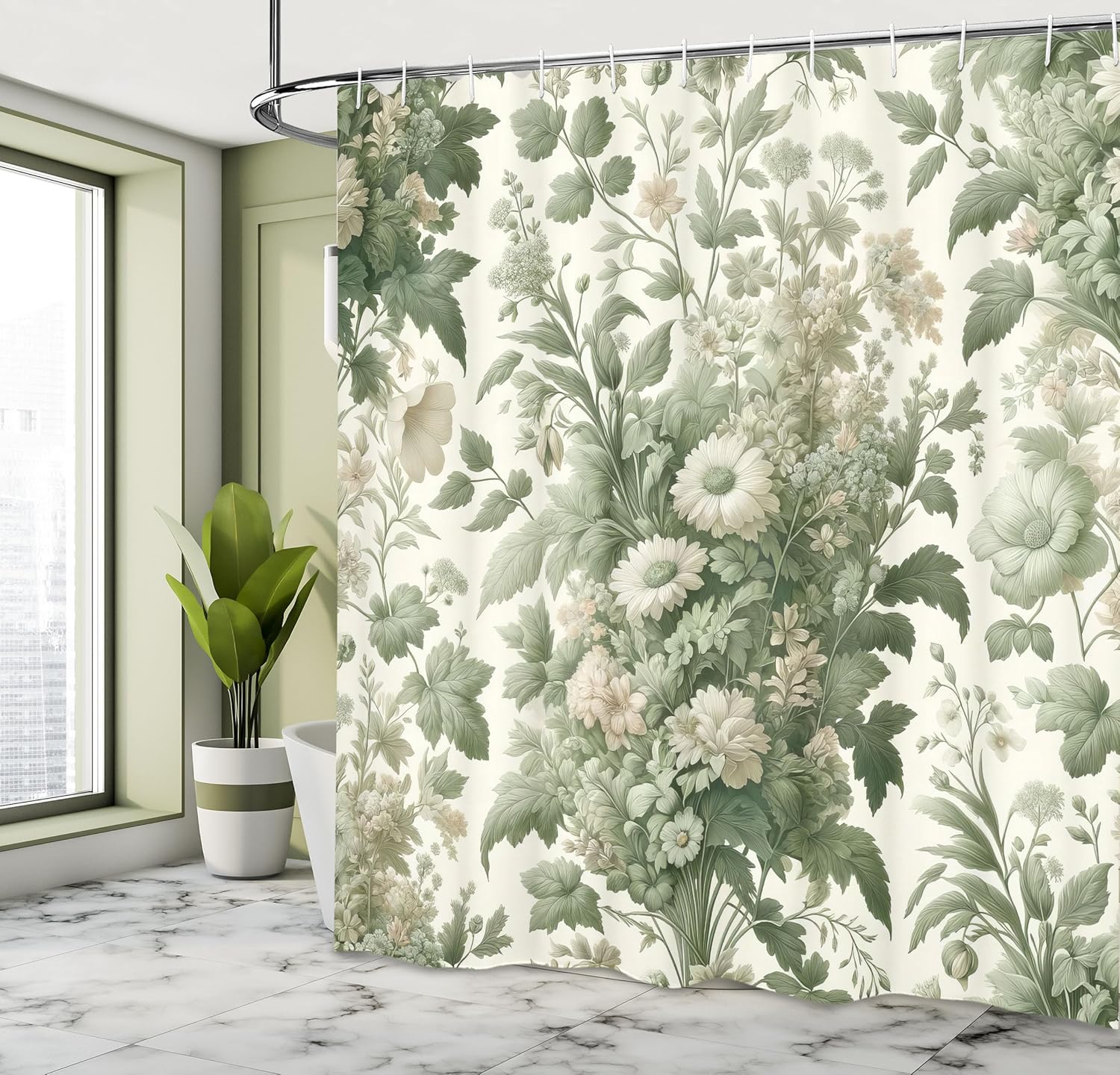 

Green Shower Curtain, Retro Jungle Flowers Huddle With Leaves Nostalgia Colors Farmhouse Boho, Cloth Fabric Bathroom D W60H190(CM)-1 Pcs
