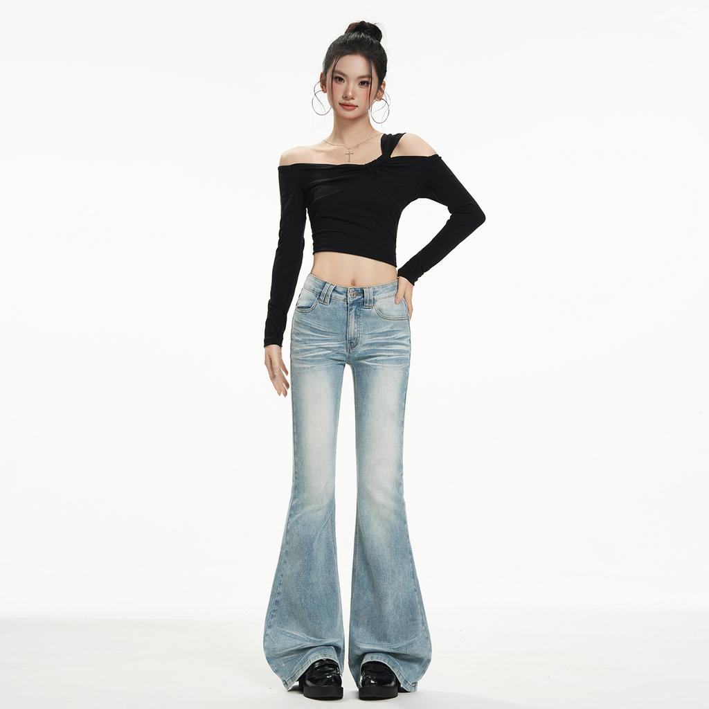 American light-colored slightly pulled jeans women's autumn new high-waisted and thin horseshoe horn pants without sticking to the legs