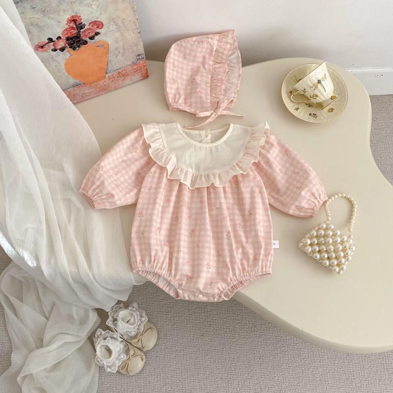 Baby Girl Sweet Plaid Romper Bodysuit with Hat