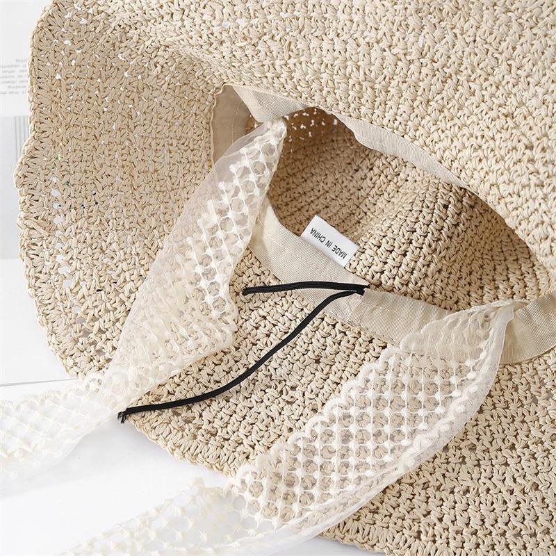 Straw hat women's summer lace-up hollow straw hat sunscreen beach sun hat lace sun hat
