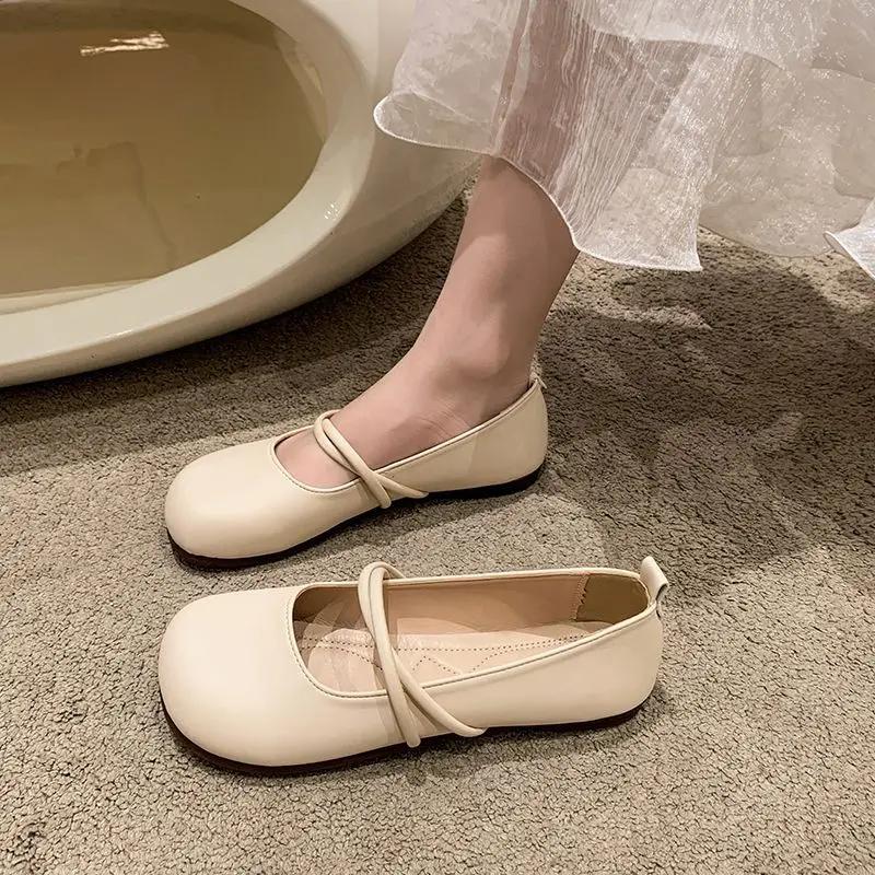 Fashion Ladies Footwear With Heel Round Toe Mary Jane Beige 39 Elegant Dress Cheap Clearance High Quality Fashion Y2k Women's Flat Shoes