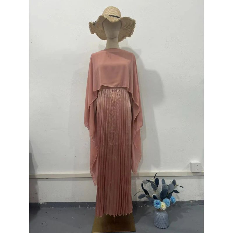 

European and American Pink Pleat Temperament Waist Hugging Long sleeve One-piece Dress set Women Pink Long Sleeved Dress Pink [send shawl]] XXL