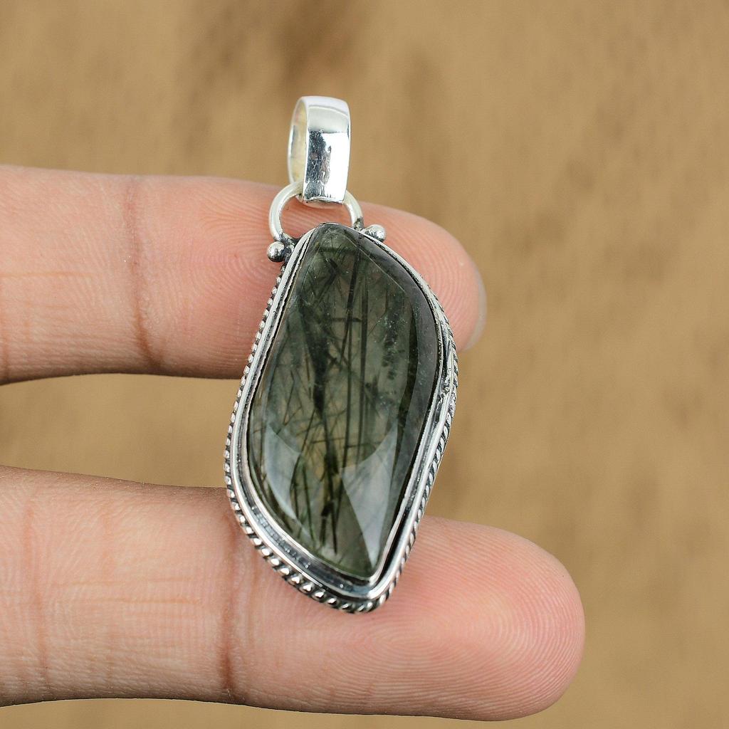 Anniversary Gift For Her Natural Black Rutile Gemstone Pendant 925 Silver