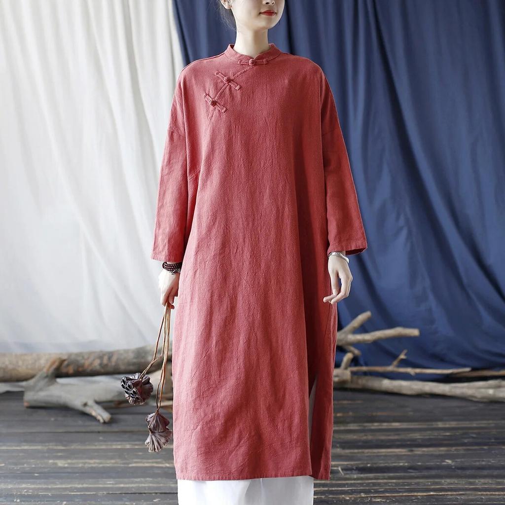 Johnature נשים בסגנון סיני מעמד שמלת שרוולים ארוכים כפתור גלימות אביב צבע אחיד בציר A-line שמלות