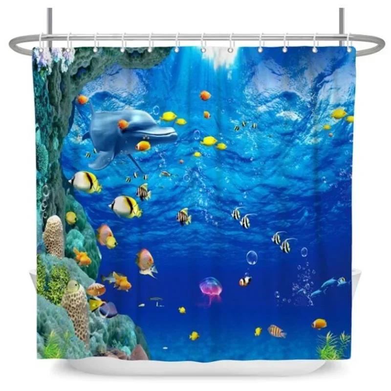 Underwater World Bathroom Shower Curtain Sea Turtle Dolphin Ocean Creature Landscape Bath Curtains Children Cloth Bathroom Decor