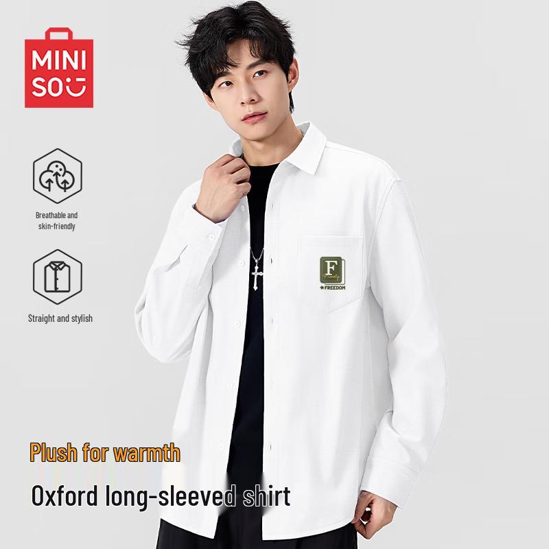 MINISO Men s Fleece-Lined Oxford Long Sleeve Shirt L