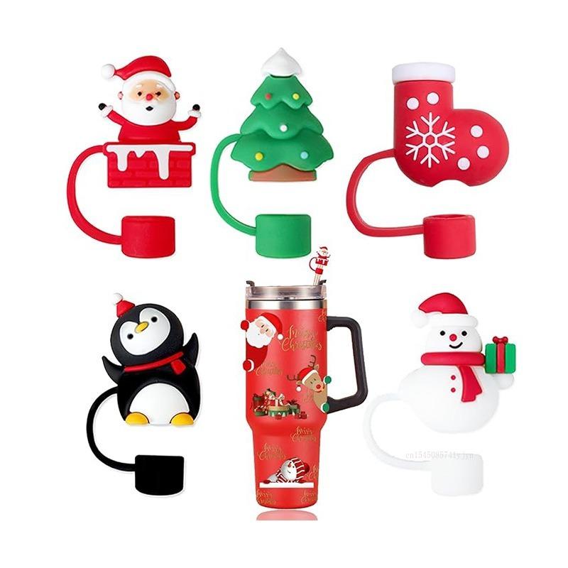 Christmas New Silicone Straw Cover 10mm Large Diameter Reusable Straw Tips Cartoon Cute Holiday Gift Dust Cap Party Xmas Decor