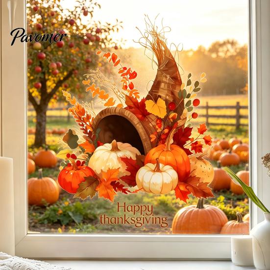 Static Window Clings for Thanksgiving Harvest Themed Sticker, Decorative Non Adhesive Cling, Removable Holiday Glass Stickers Watercolor Decals