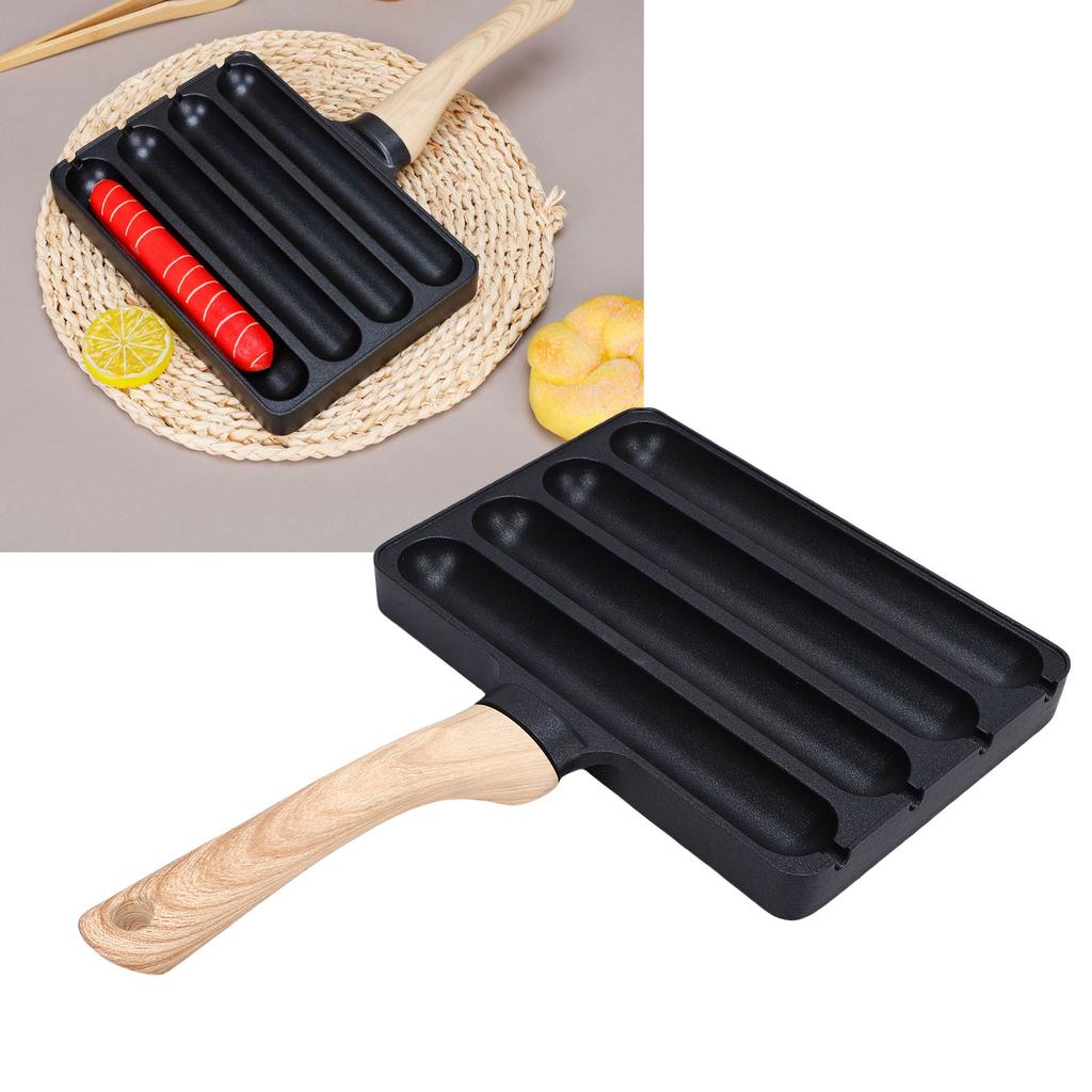 4 Slot Hot Dog Grilling Iron, Fast Heating Aluminum Alloy Grill Pan with Anti-heat Wooden Handle for Cooking Cooking Cooking In