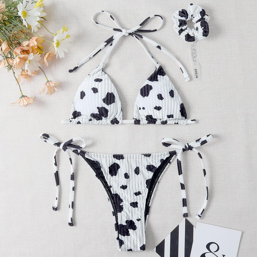 Women Sexy Triangle Oversize Split Bikini Suit Set Tie Side G-String Thong Swimsuit Halter Ribbon Dot Print