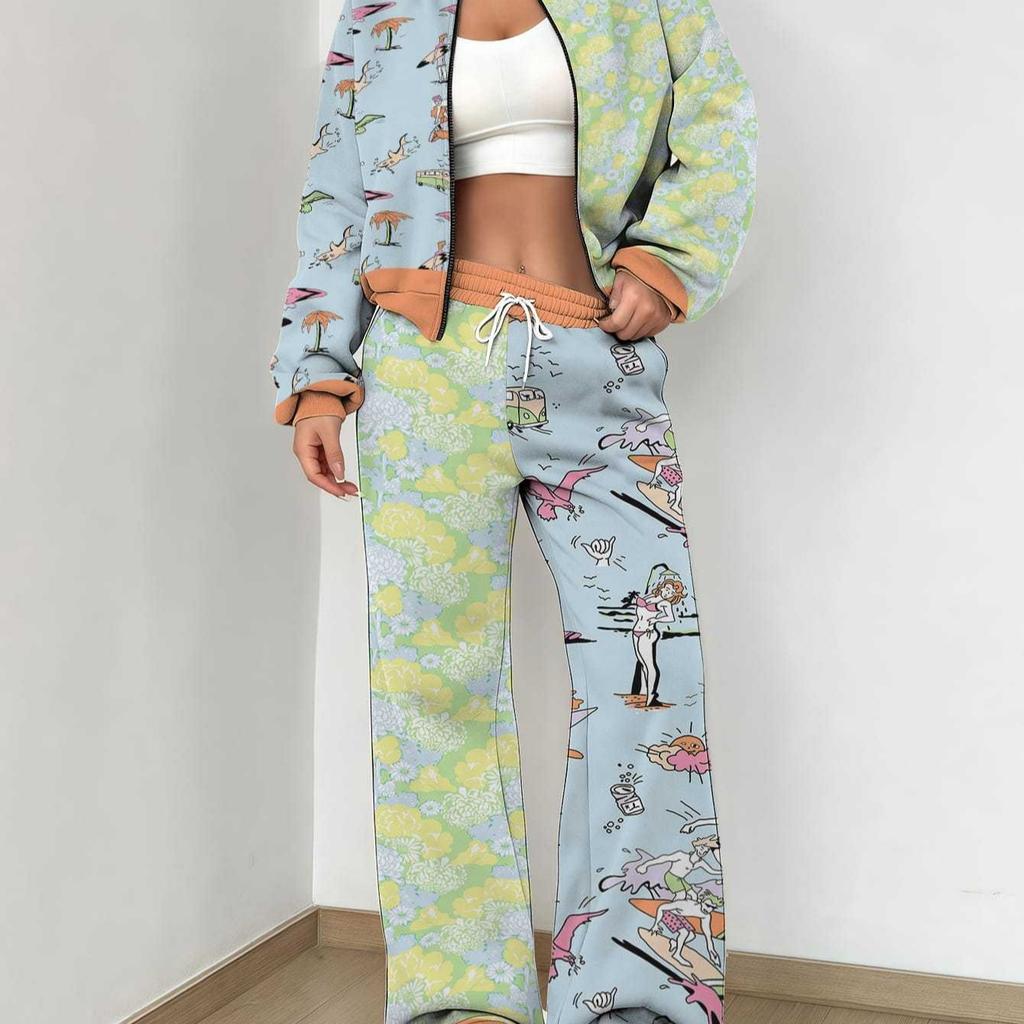 Splicing Autumn and Winter New European and American Fashion Sense Women's Clothing Floral Printing Suit Women