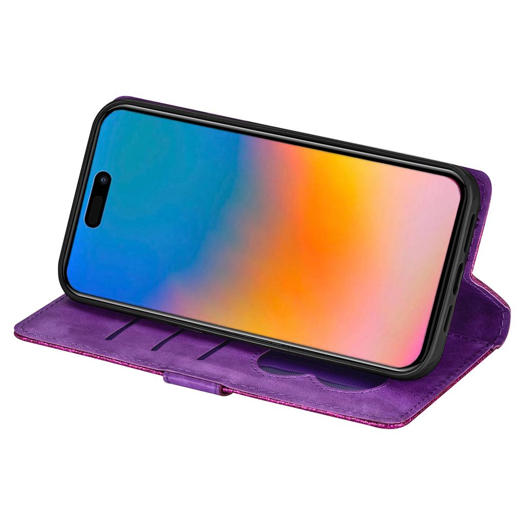 Etui z podstawką z brokatem na iPhone 16 Pro, skórzany pokrowiec na telefon z kieszonką na zamek błyskawiczny