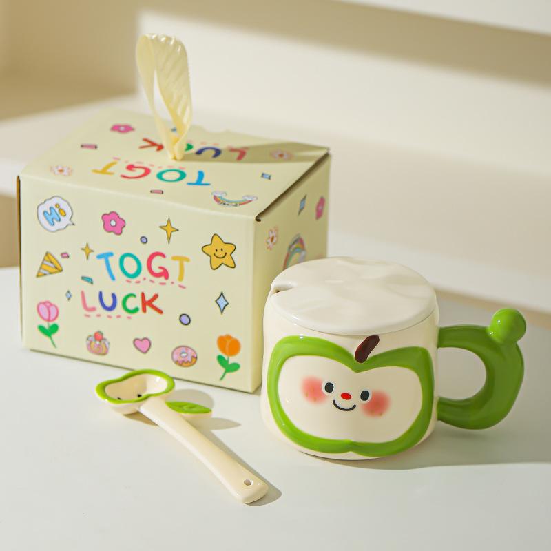 

Creative Cute Apple Water Cup High Value Ceramic Mug with Lid Spoon Practical Souvenir Gift Box 301-400ml
