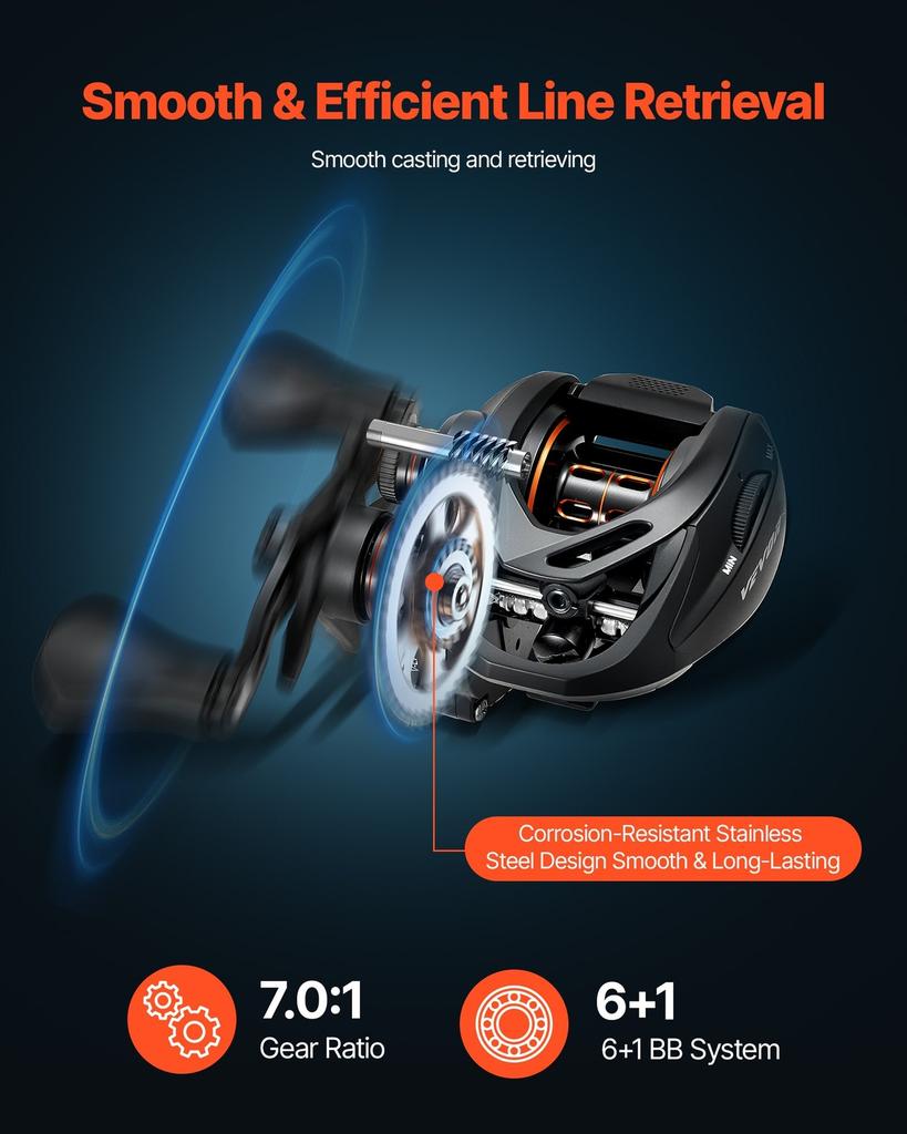 Combo Canna e Mulinello da Pesca, Combo Canna e Mulinello Baitcasting in Fibra di Carbonio IM7, Canna da Pesca per Bass con Sistema 6+1 BB, 7.0:Rapporto di trasmissione 1, Manico in sughero,