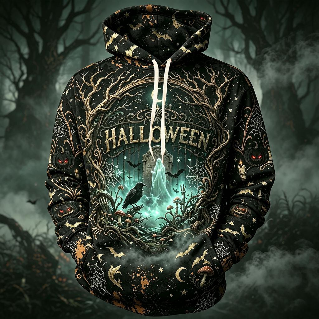 Men's Casual Hoodie Long Sleeve Sweatshirt with Halloween Graphic Print for Fall