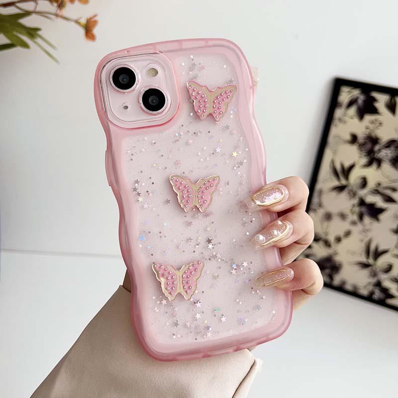 Applicable To Apple 17 Mobile Phone Case, Epoxy Glitter 16 Wavy Butterfly iPhone15 Anti-drop 14 Transparent Protective Case