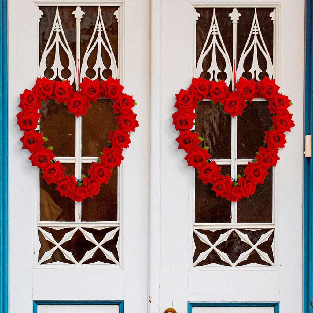 Sztuczny Wieniec Różany Serce w Kształcie Kwiatowej Róży Sztuczny Wieniec Drzwiowy Na Domowe Przyjęcie Ślubne Dekoracja Walentynkowa, Czerwona Róża