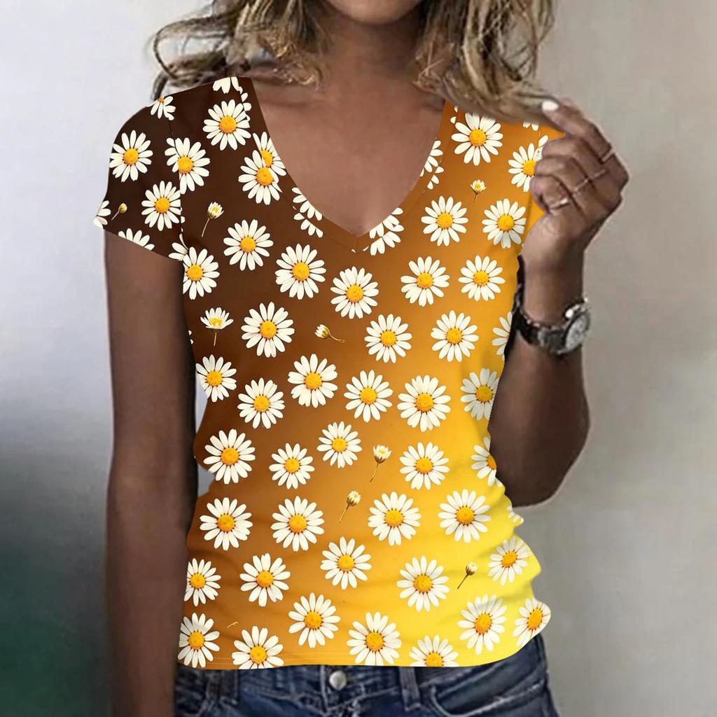 Women Casual V Neck Short Sleeve Floral Print T Shirt Lightweight Soft Fabric Comfortable Fit Summer Top
