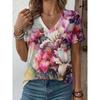 Fashion Women's V-Neck Short Sleeve 3D Flower Color Printing V-Neck Flower Short Sleeve