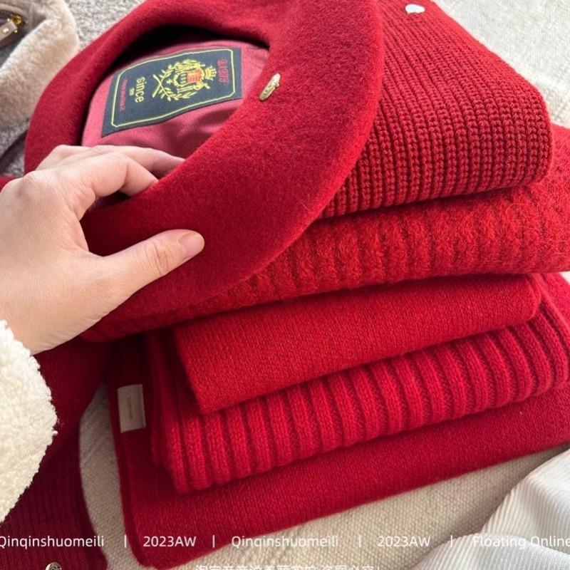 New red little lucky christmas red hat pure wool scarf gloves cold-resistant outdoor warm scarf
