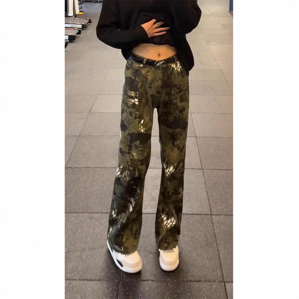 JYL Men's Python Print Jeans Camo Cargo High-Street Straight Flare Denim Pants